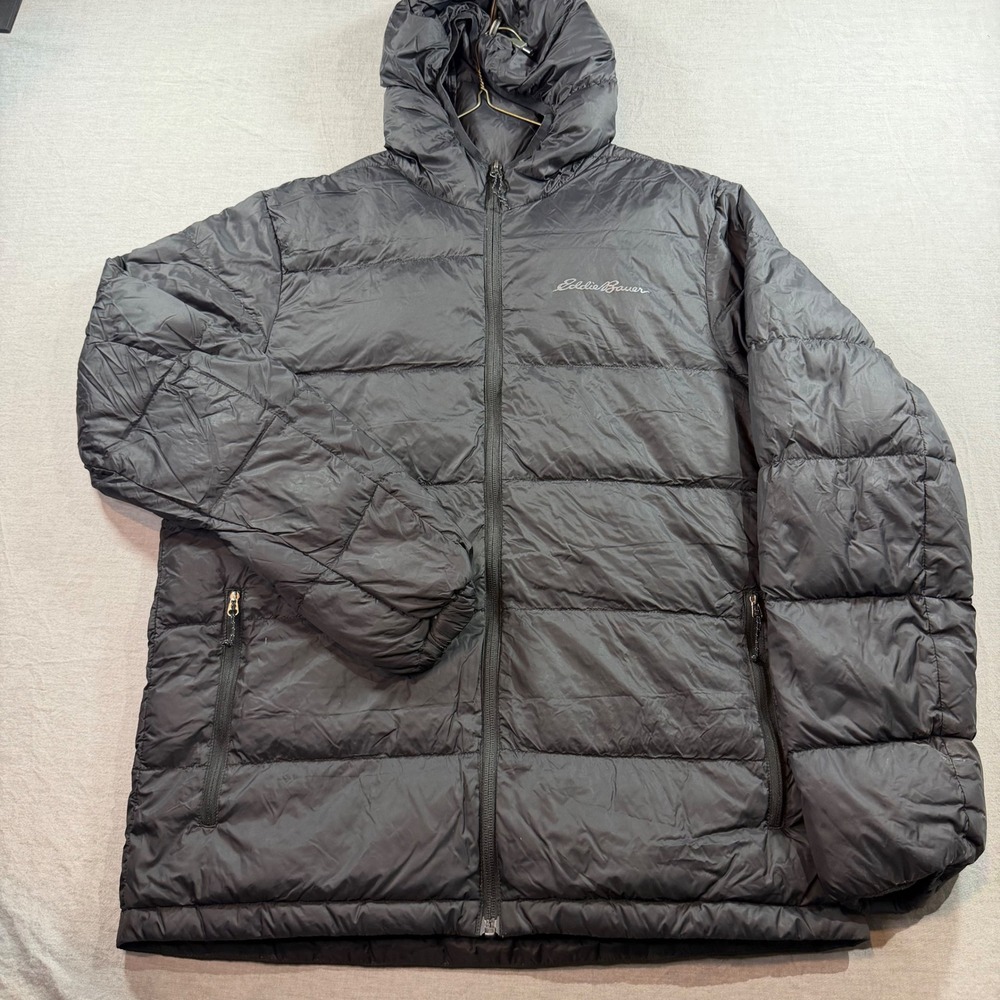 Eddie Bauer Puffer Jacket Mens M Black  EB650 Down Hooded Insulated Coat EUC